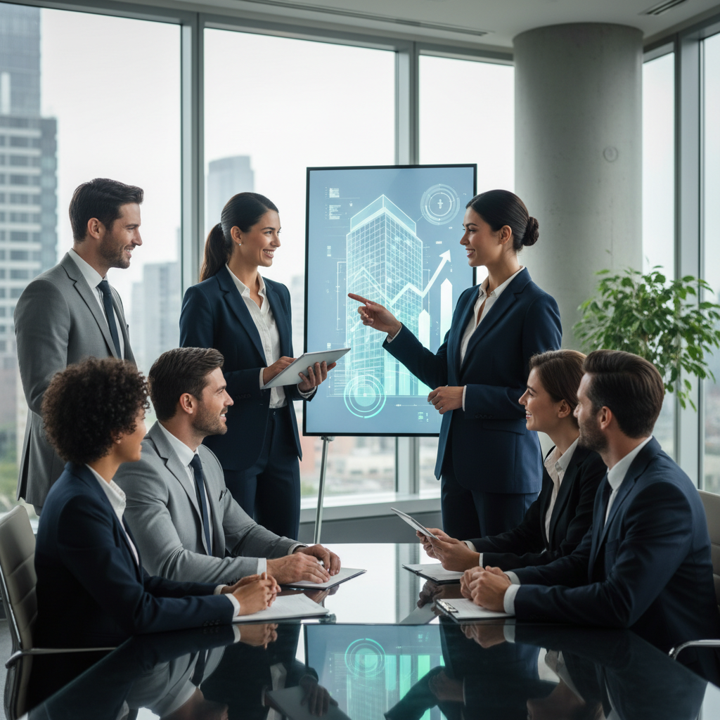 Equipo profesional inmobiliario colaborando en gestión integral de alquiler y venta de propiedades. Imperium Home.