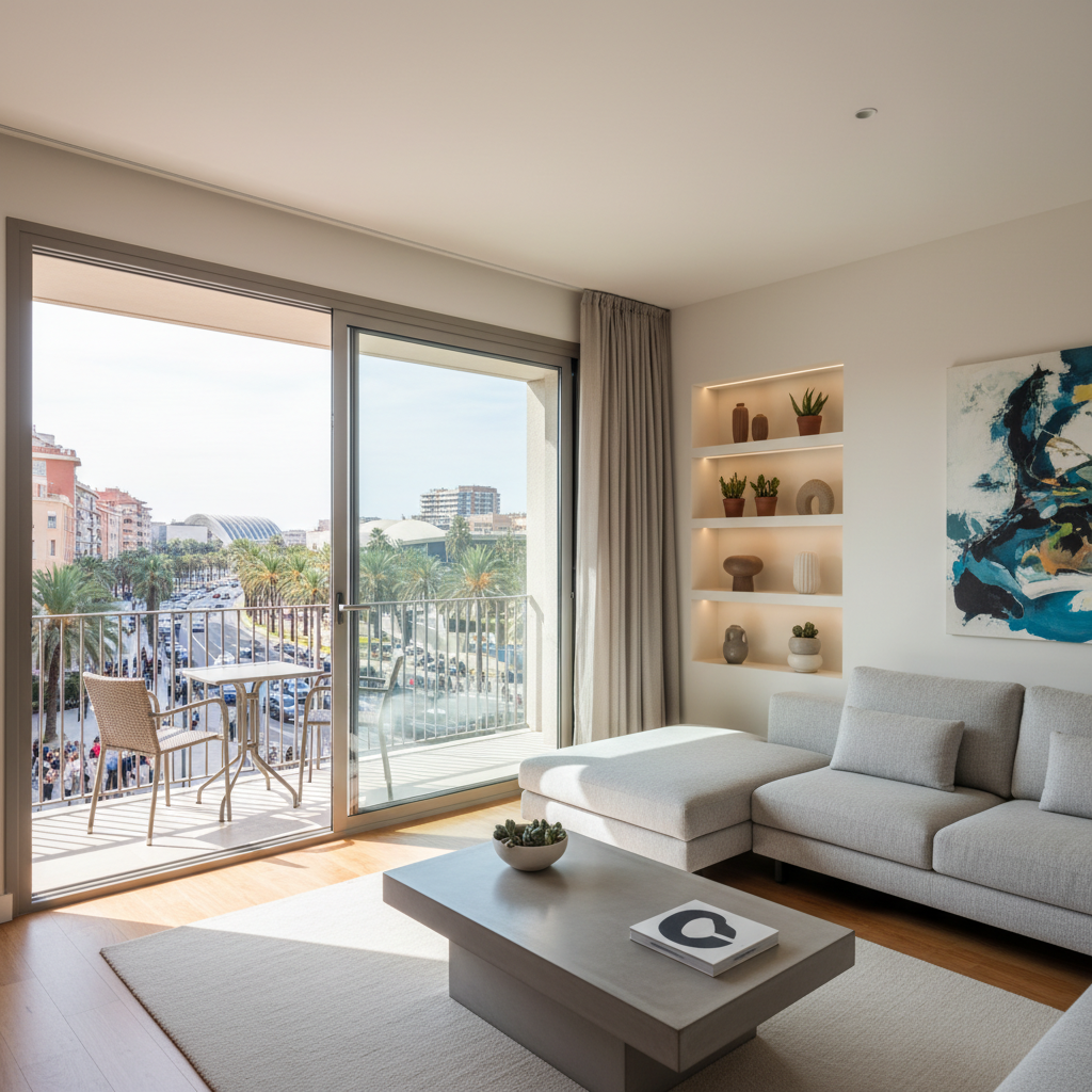 Interior moderno de apartamento con balcón en la Avenida Francia, Valencia. Fotografía de alta calidad.