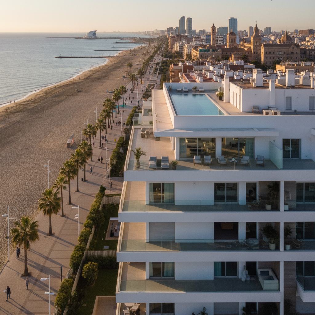 Vista aérea de un moderno apartamento en la playa de la Malvarrosa, Valencia, con luz natural y vistas impresionantes.