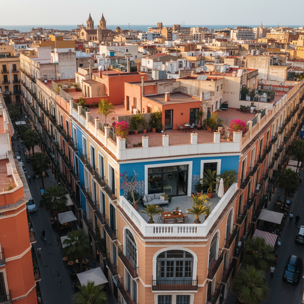 Vista aérea fotorealista de un apartamento en Ruzafa, Valencia. Fotografía profesional de alta calidad.