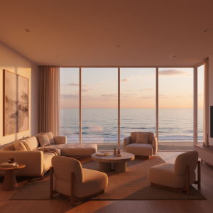 Apartamento moderno con vistas al mar al atardecer, diseño interior elegante y luz natural cálida.